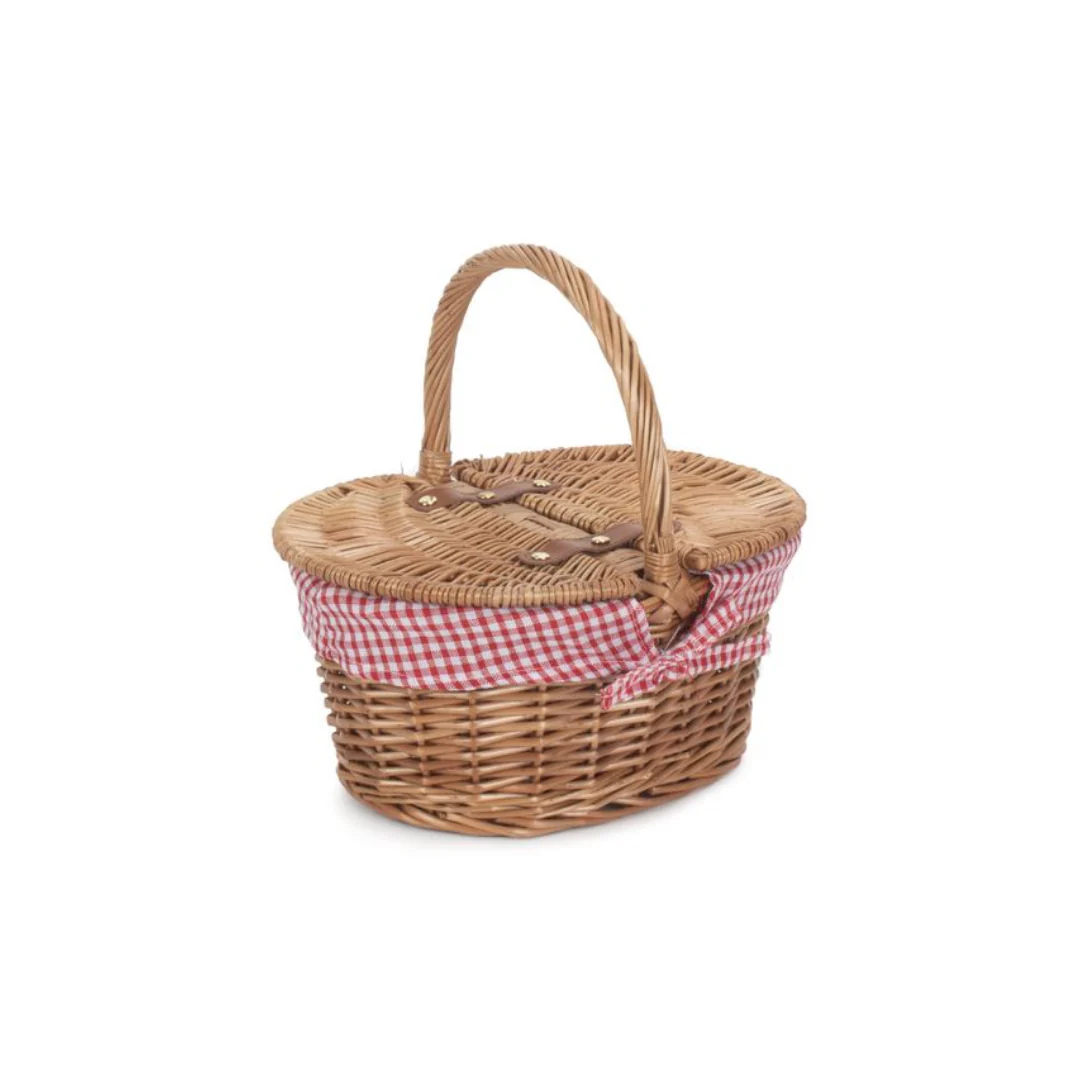 Childs Light Steamed Finish Oval Picnic Basket With Red & White Checked Lining