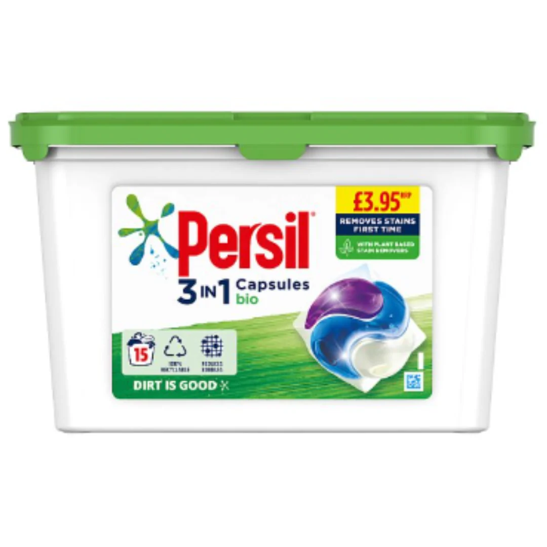Persil Bio 3 in 1 Bio brilliant stain removal Laundry Washing Capsules 100% recyclable tub 15 Wash x Case of 3
