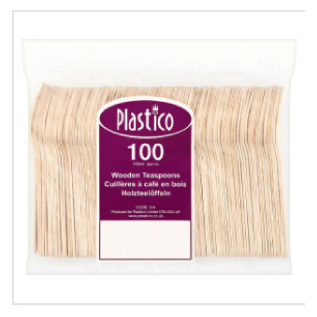 Plastico 100 Wooden Teaspoons x Case of 1