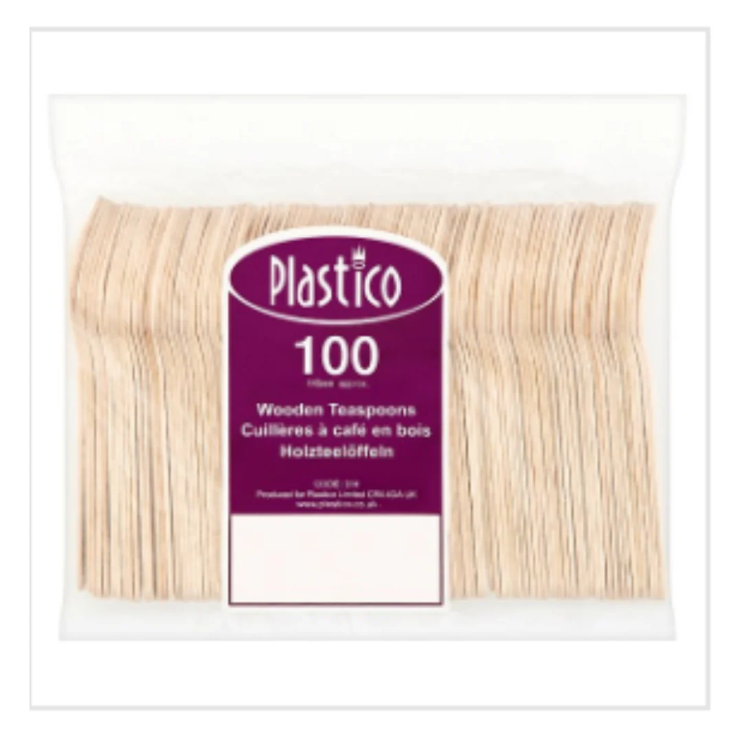Plastico 100 Wooden Teaspoons x Case of 10