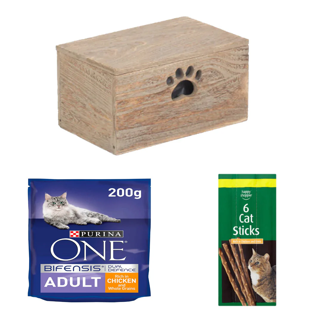 Purina ONE's Chicken Feast Box | 3 Ingredients | Wooden Cat Food Tray | 2x Happy Shopper 6 Cat Sticks 30g | Purina ONE Adult Dry Cat Food Chicken and Whole Grains 200g x 10