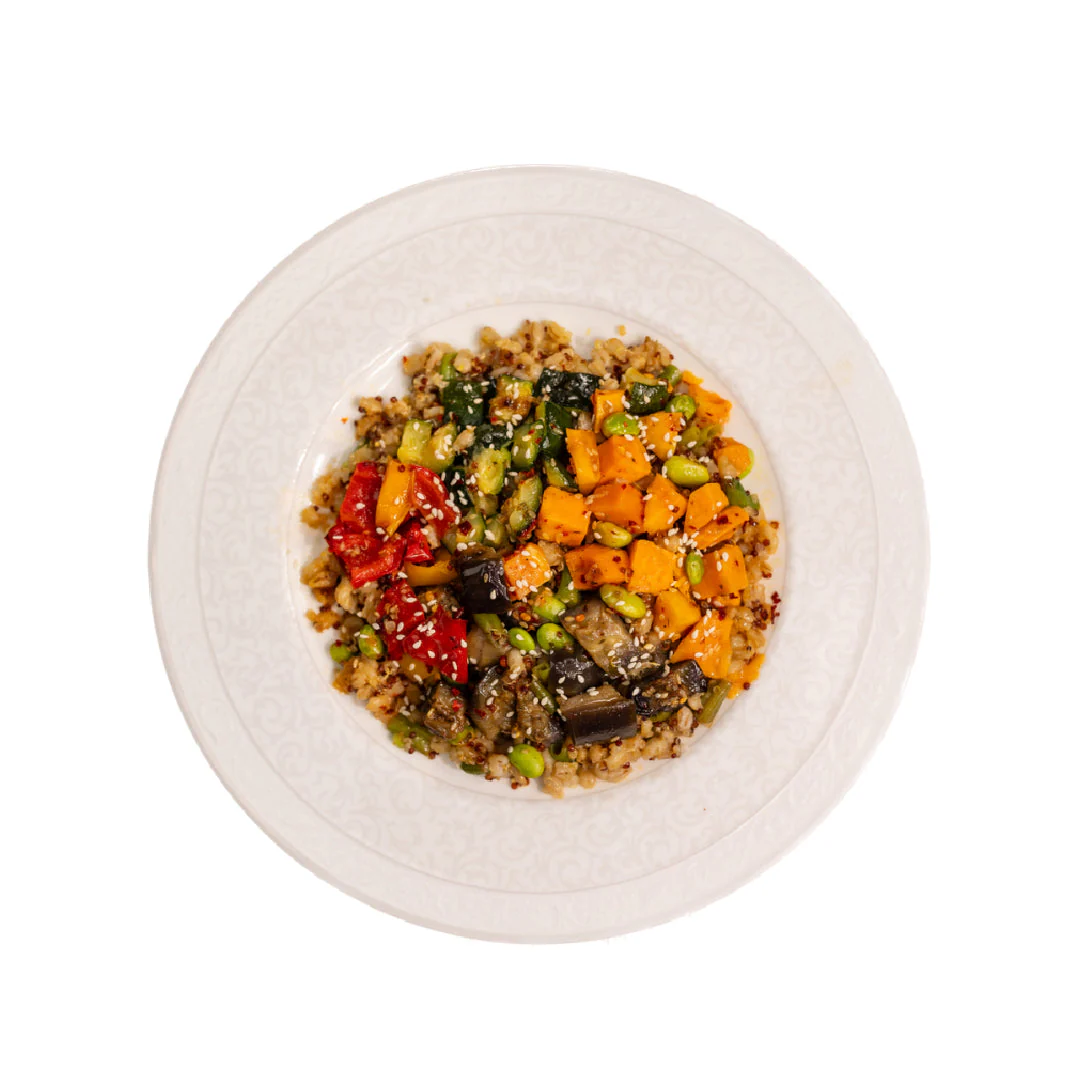 Roasted Vegetables with Quinoa and Barley in Spicy Soy Sauce (Vegan, Halal)