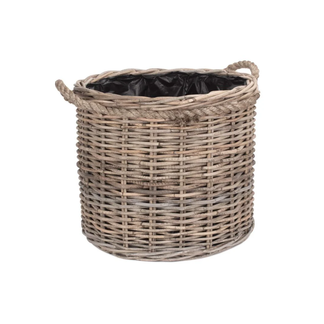 Medium Rope Handled Rattan Round Planter With Plastic Lining