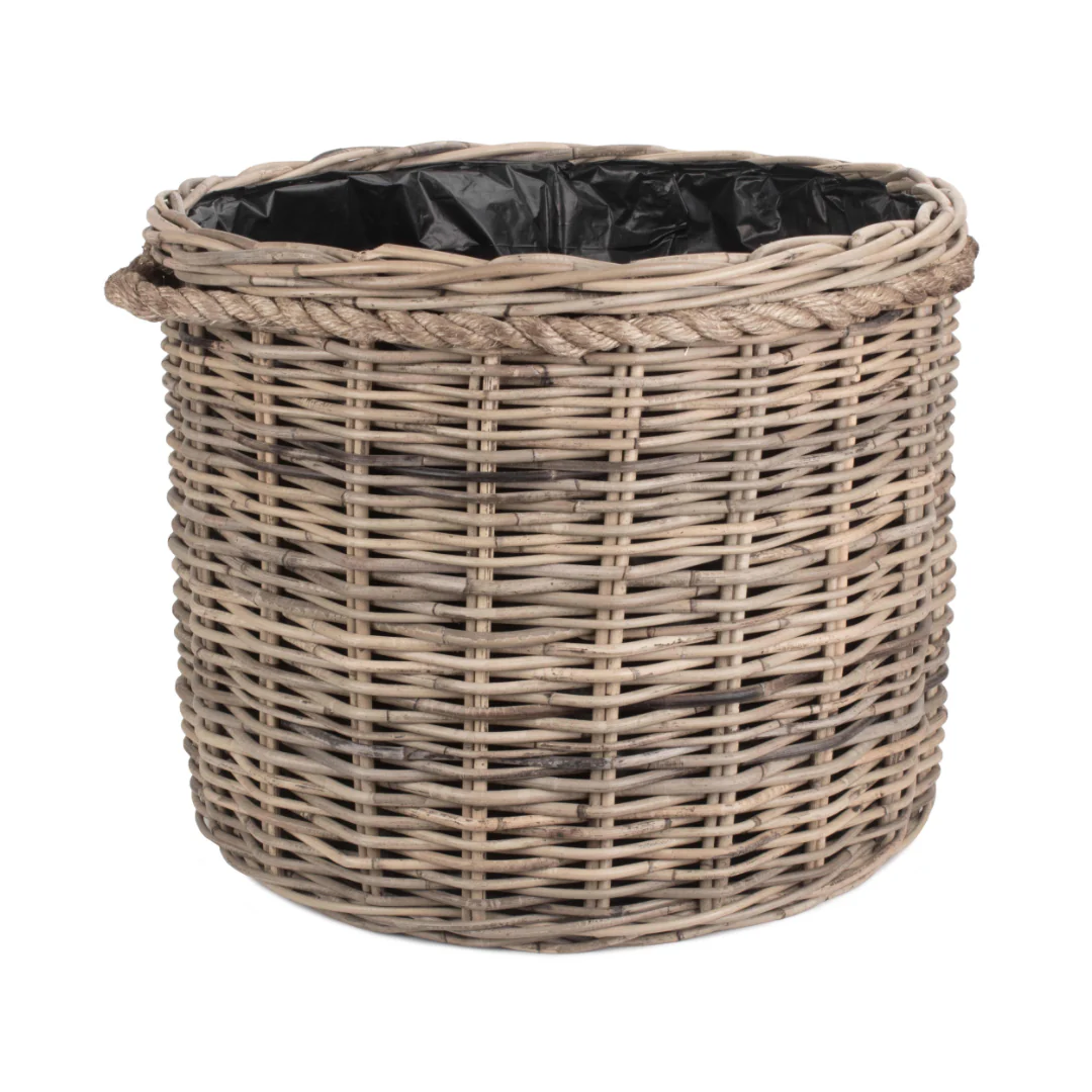 Large Rope Handled Rattan Round Planter With Plastic Lining