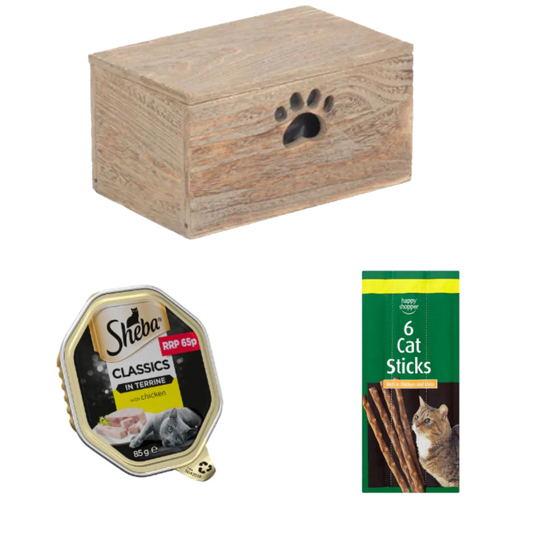 Sheba Classics Chicken Treats Box | 3 Ingredients | Wooden Cat Food Tray | 2x Happy Shopper 6 Cat Sticks 30g | Sheba Classics Wet Cat Food Tray Chicken in Terrine 85g x 44
