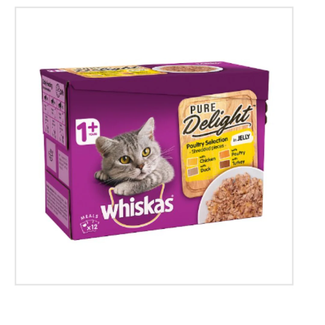 Whiskas Pure Delight Adult Cat Food Pouches Poultry in Jelly 85g x 48 Pouches