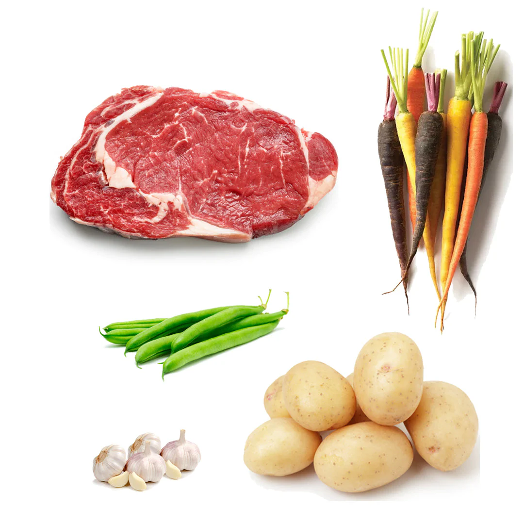 Sirloin Sunday Box | 6 Ingredients | Sirloin Steak | Baby Potatoes | Rainbow Carrots | Green Beans | Garlic | Cranberry Sauce