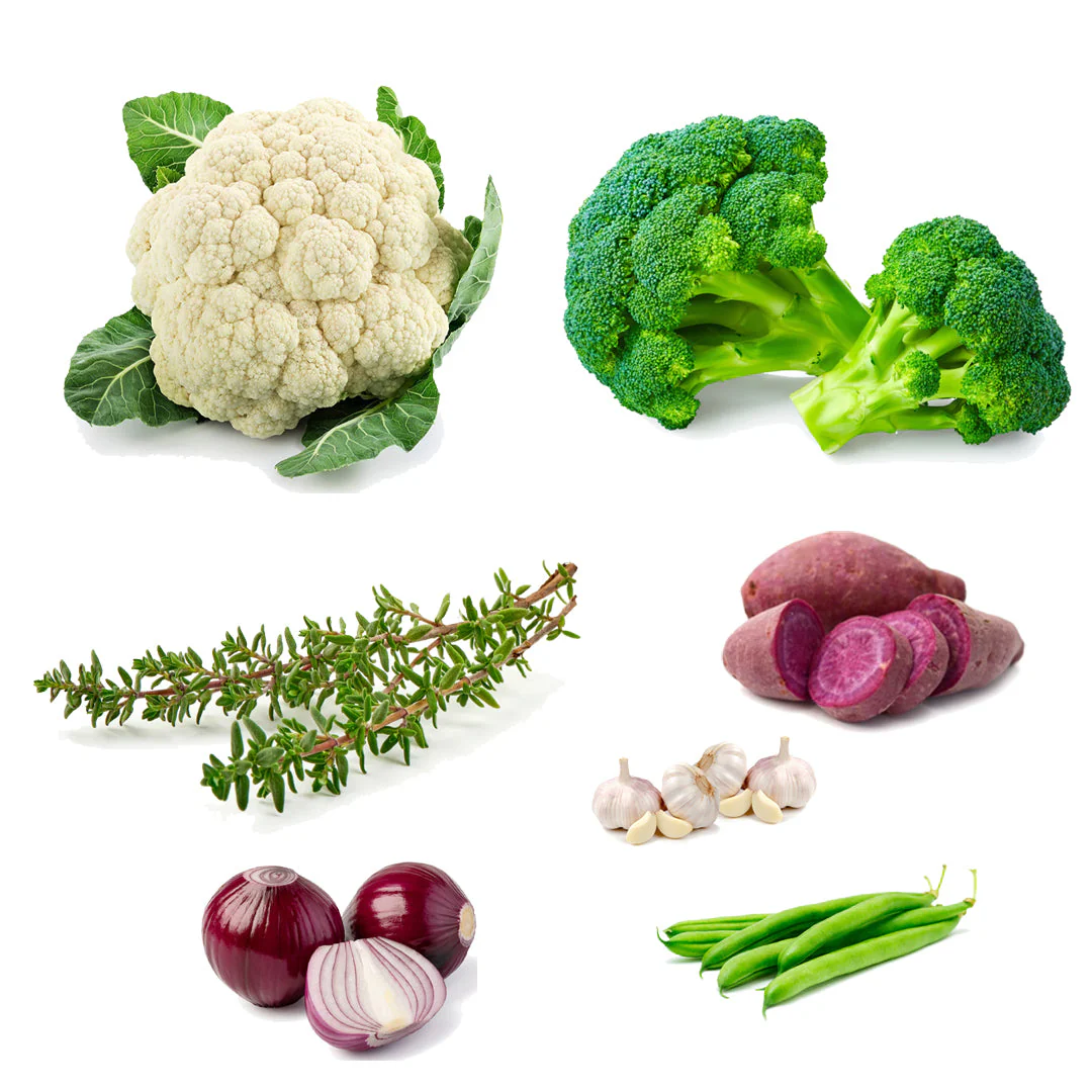The Sunday Veggie Roast Box | 7 Ingredients | Sweet Potatoes | Cauliflowers | Broccoli | Garlic | Thyme | Green Beans | Red Onions