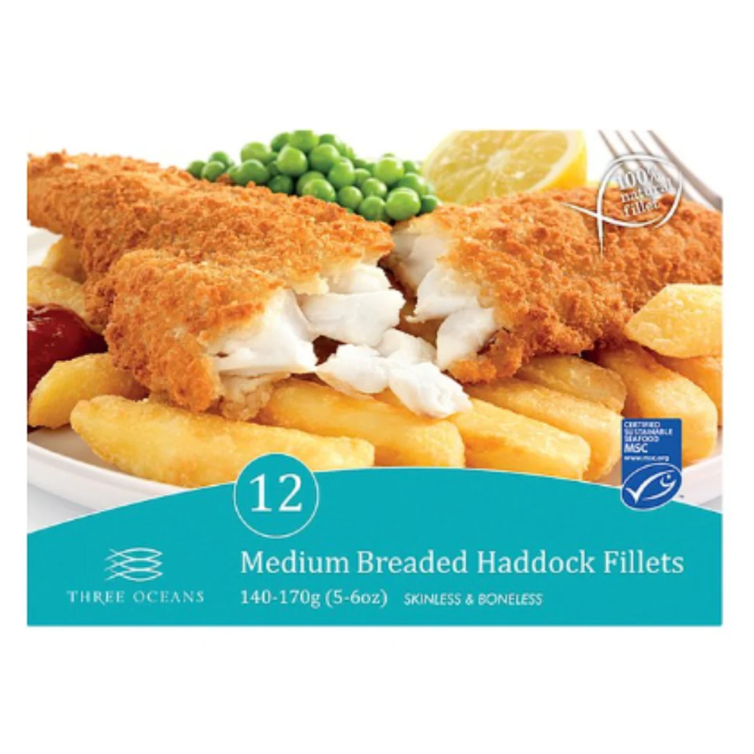 Three Oceans 12 Medium Breaded Haddock Fillets 1.68kg x 1 Packs