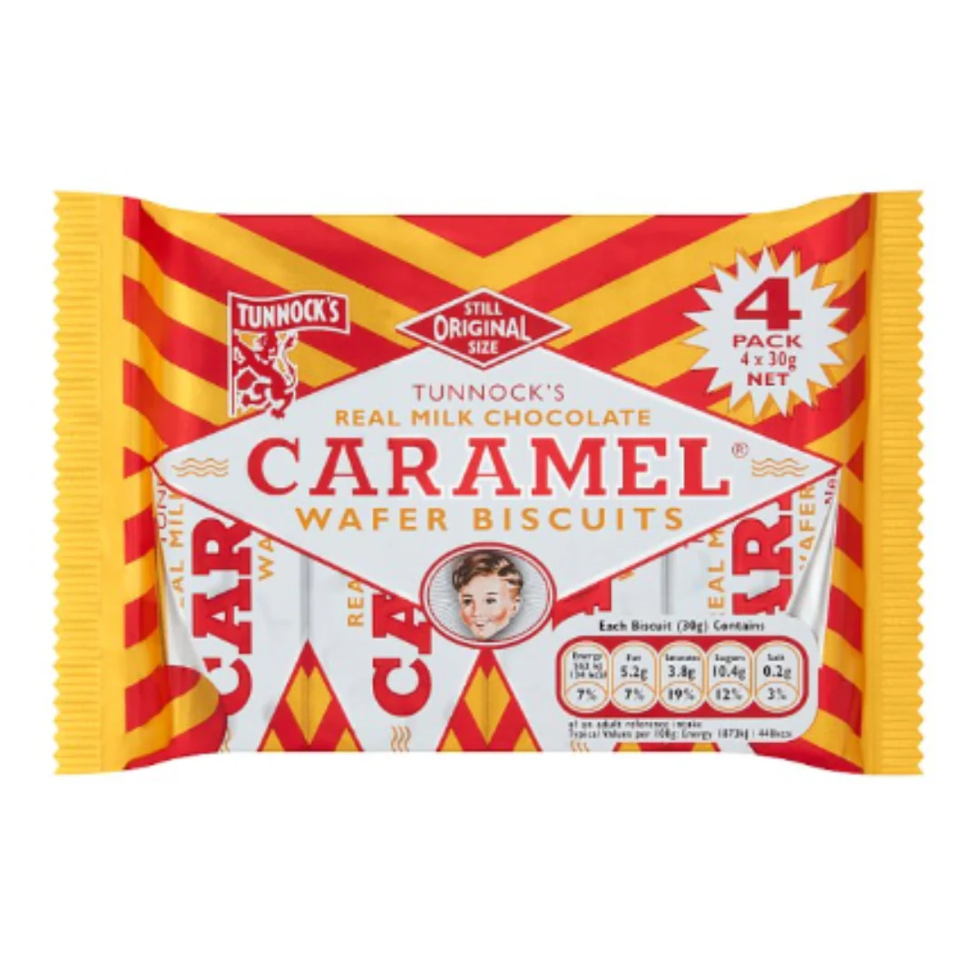 Tunnock's Real Milk Chocolate Caramel Wafer Biscuits 4 x 30g x Case of 20