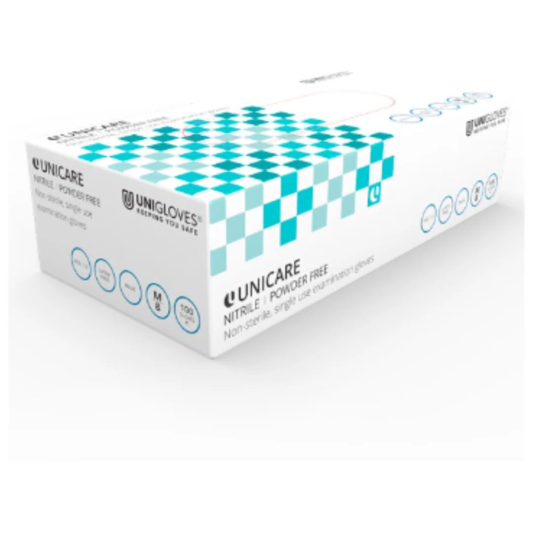 Unicare 100 Blue Nitrile Powder Free Gloves Medium x Case of 10