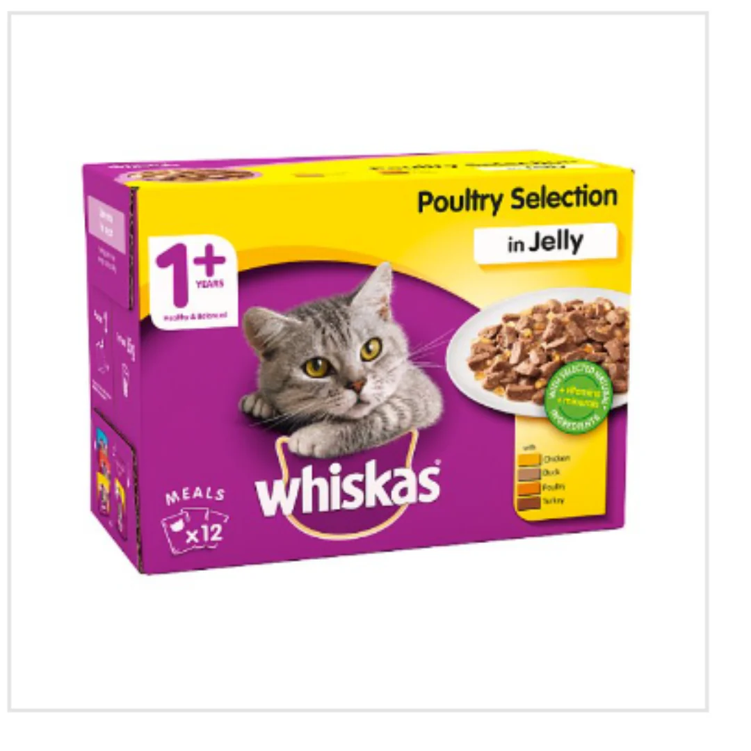 Whiskas Adult Wet Cat Food Pouches Poultry in Jelly 100g x 48 Pouches