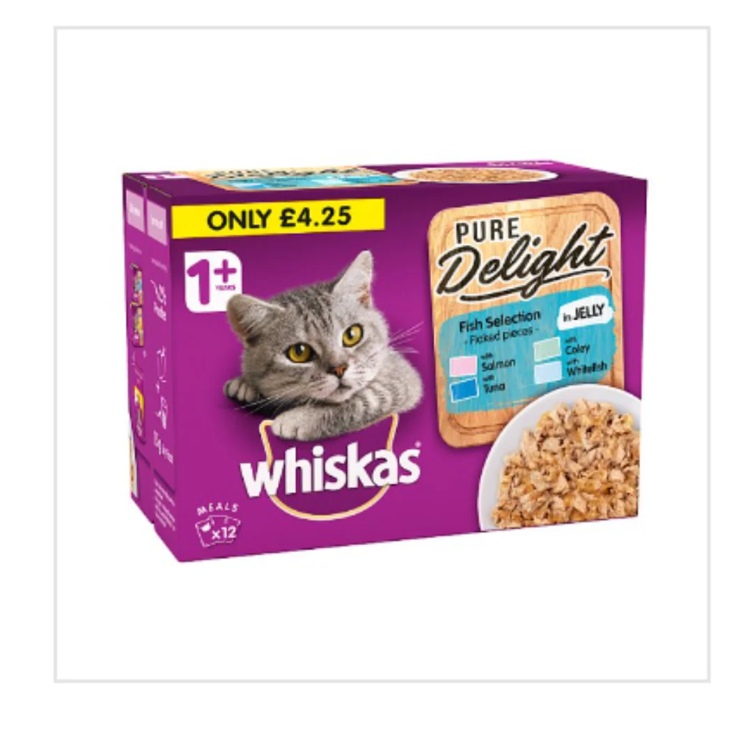 Whiskas Pure Delight Cat Food Pouches Fish in Jelly 85g x 48 Pouches