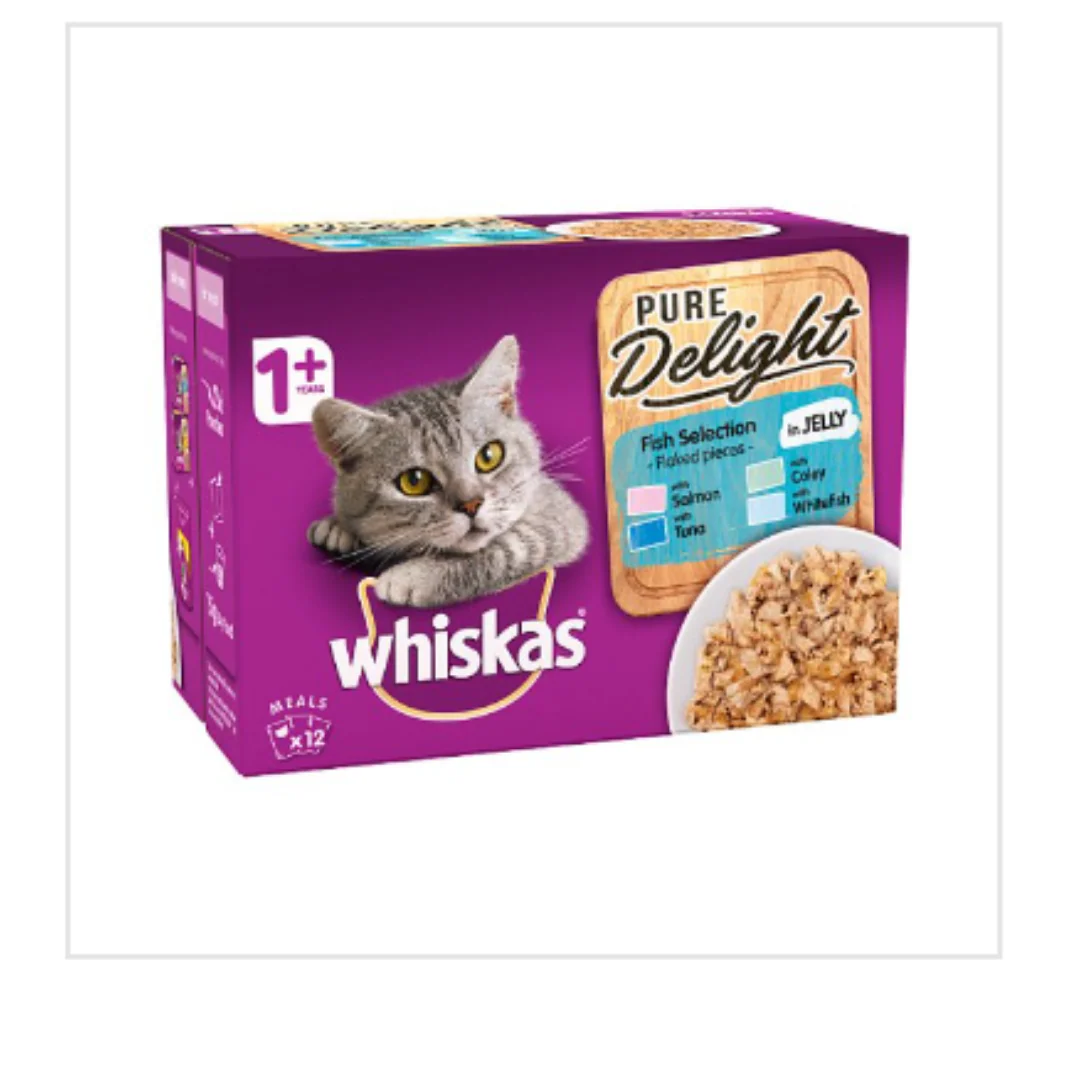 Whiskas Pure Delight Adult 1+ Wet Cat Food Pouches Mixed Fish Selection in Jelly 85g x 48 Pouches