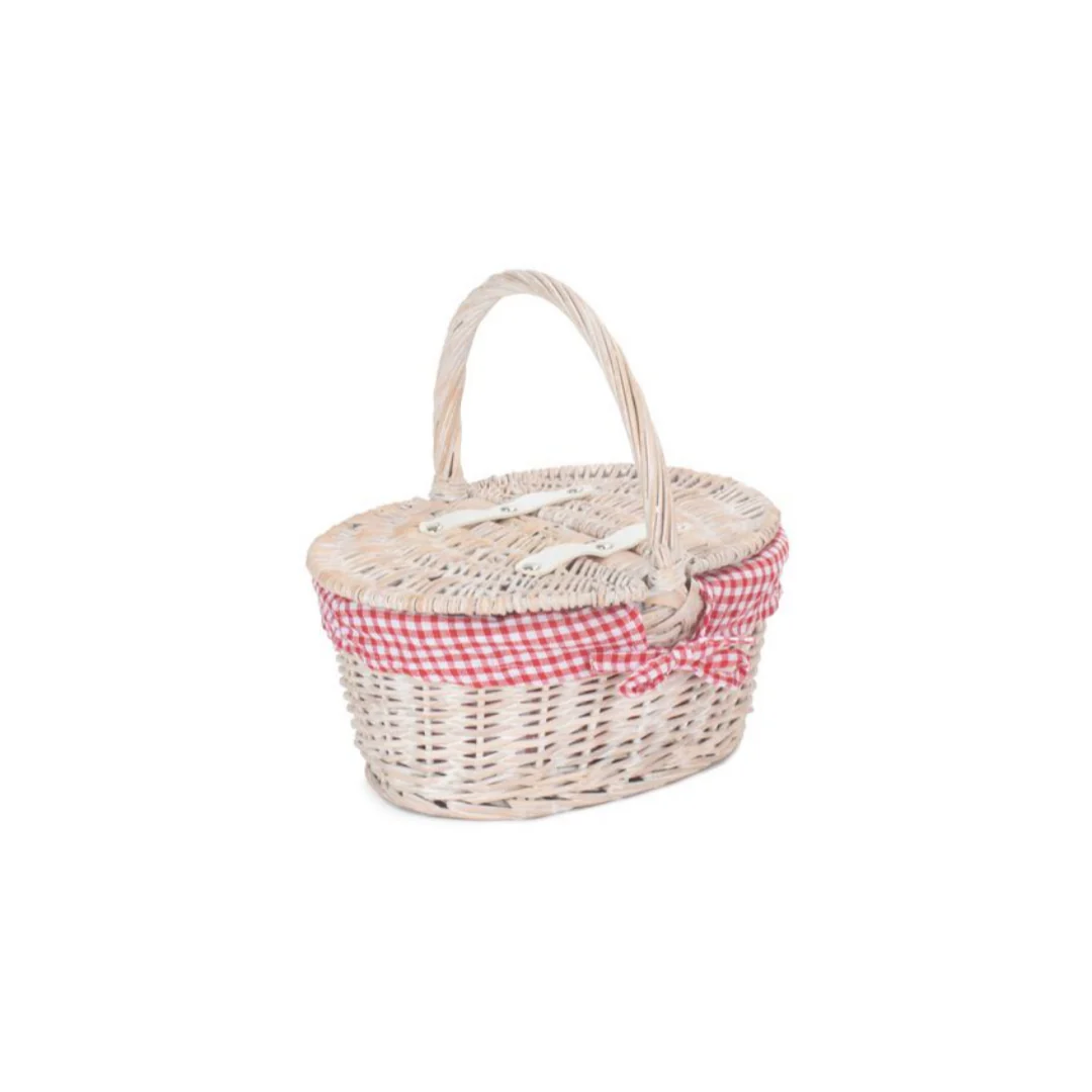 Childs White Wash Lidded Hamper With Red & White Checked Lining