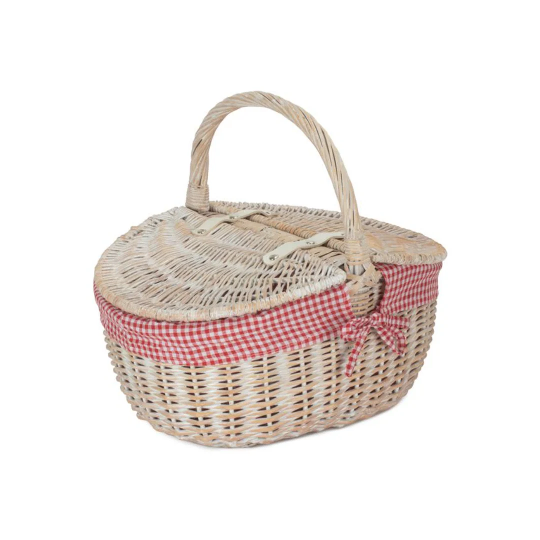 White Wash Finish Oval Picnic With Red & White Checked Lining