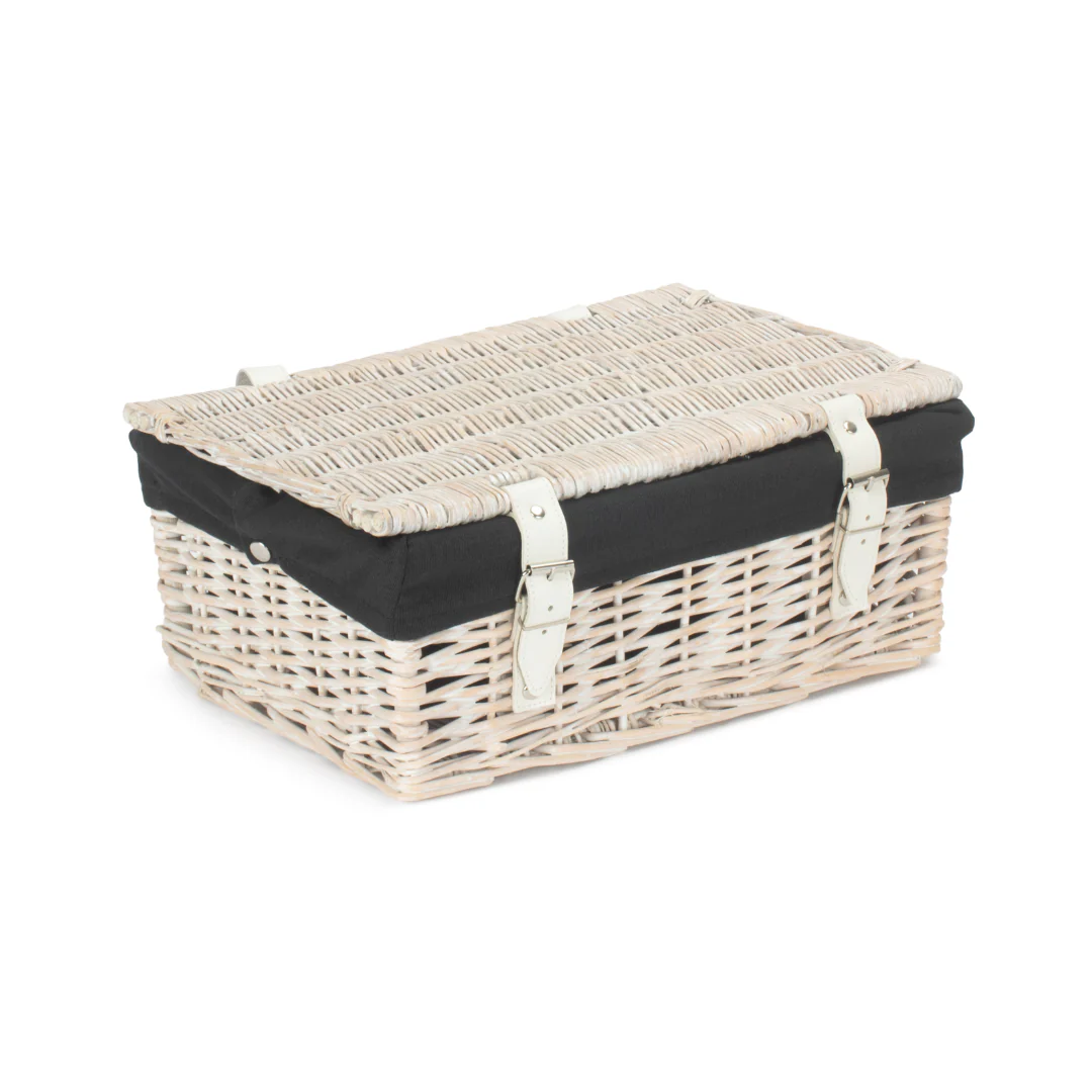 14 Inch Empty Wicker Hamper Basket - White Wash - Black Lining
