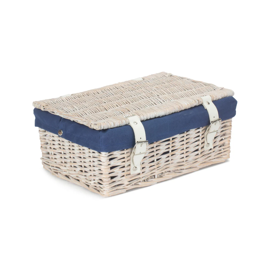 14 Inch Empty Wicker Hamper Basket - White Wash - Navy Blue Lining