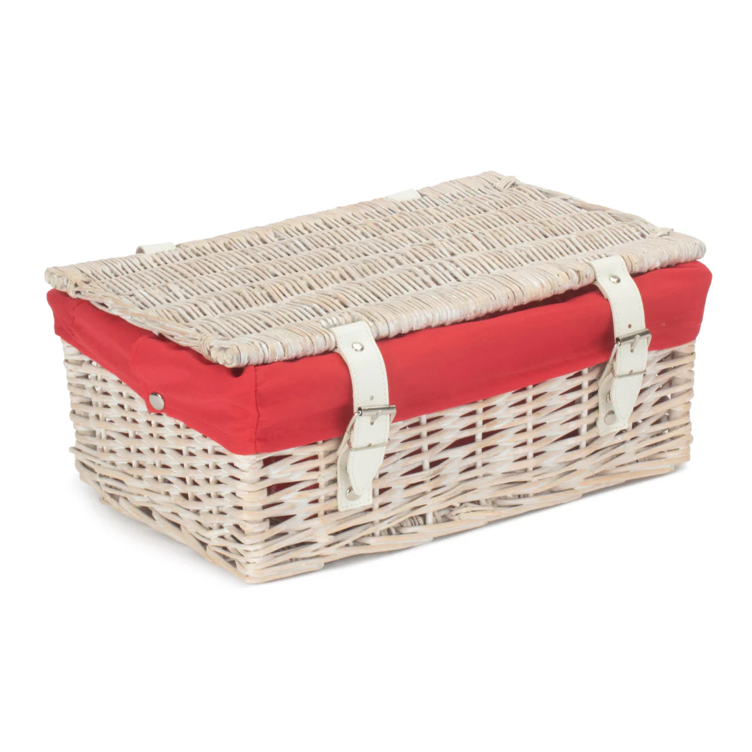 14 Inch Empty Wicker Hamper Basket - White Wash - Red Lining