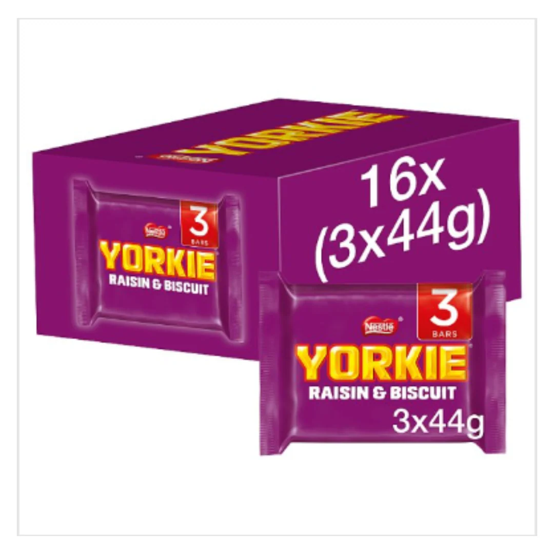 Yorkie Raisin & Biscuit Chocolate Bar Multipack 44g 3 Pack x Case of 16